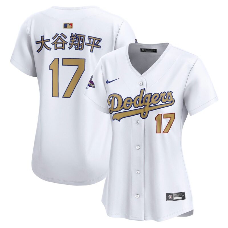 6863e0ce11657_1 Women's Los Angeles Dodgers #18 Shohei Ohtani White 2025 Gold Collection Kanji Limited Jersey