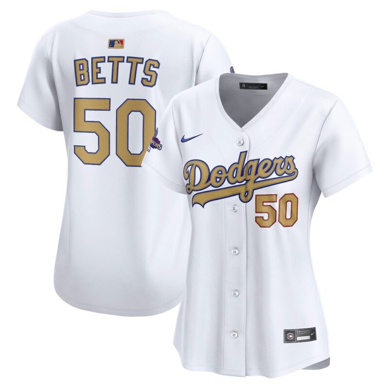 6863e0fc3be47_1 Women's Los Angeles Dodgers #50 Mookie Betts White 2025 Gold Collection Limited Jersey