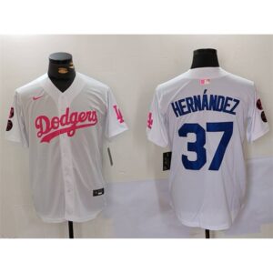 6863e2141a70d_1 Men's Los Angeles Dodgers #37 Teoscar Hernandez White/Pink Vin & Kobe Patch Stitched Baseball Jersey