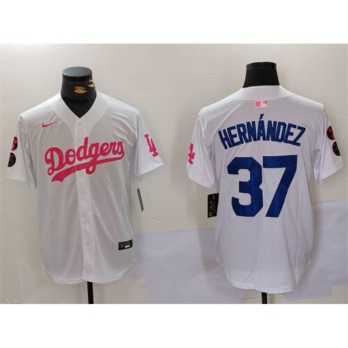 6863e2141a70d_1 Men's Los Angeles Dodgers #37 Teoscar Hernandez White/Pink Vin & Kobe Patch Stitched Baseball Jersey