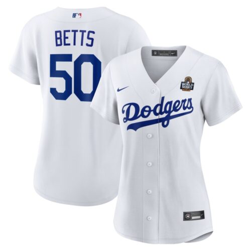 6863e38b1de9e_1 Women's Los Angeles Dodgers #50 Mookie Betts White 2024 World Series Home Home Replica Jersey