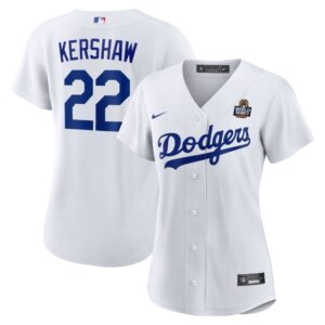 6863e39c90712_1 Women's Los Angeles Dodgers #22 Clayton Kershaw White 2024 World Series Home Home Replica Jersey