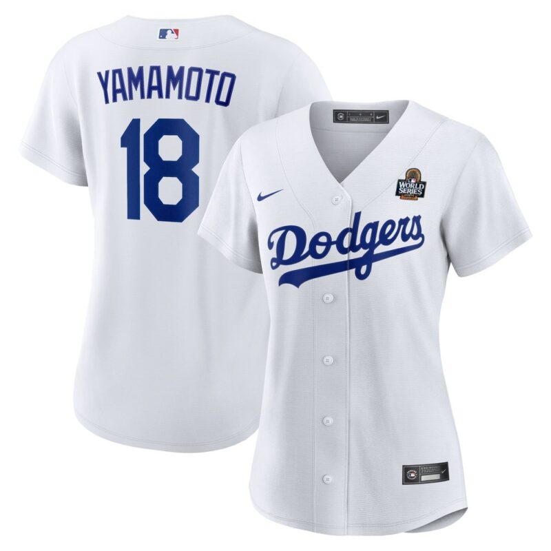 6863e39fdb83b_1 Women's Los Angeles Dodgers #18 Yoshinobu Yamamoto White 2024 World Series Home Home Replica Jersey