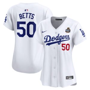 6863e3e9c8bb4_1 Women's Los Angeles Dodgers #50 Mookie Betts White 2024 World Series Home Limited Player Jersey
