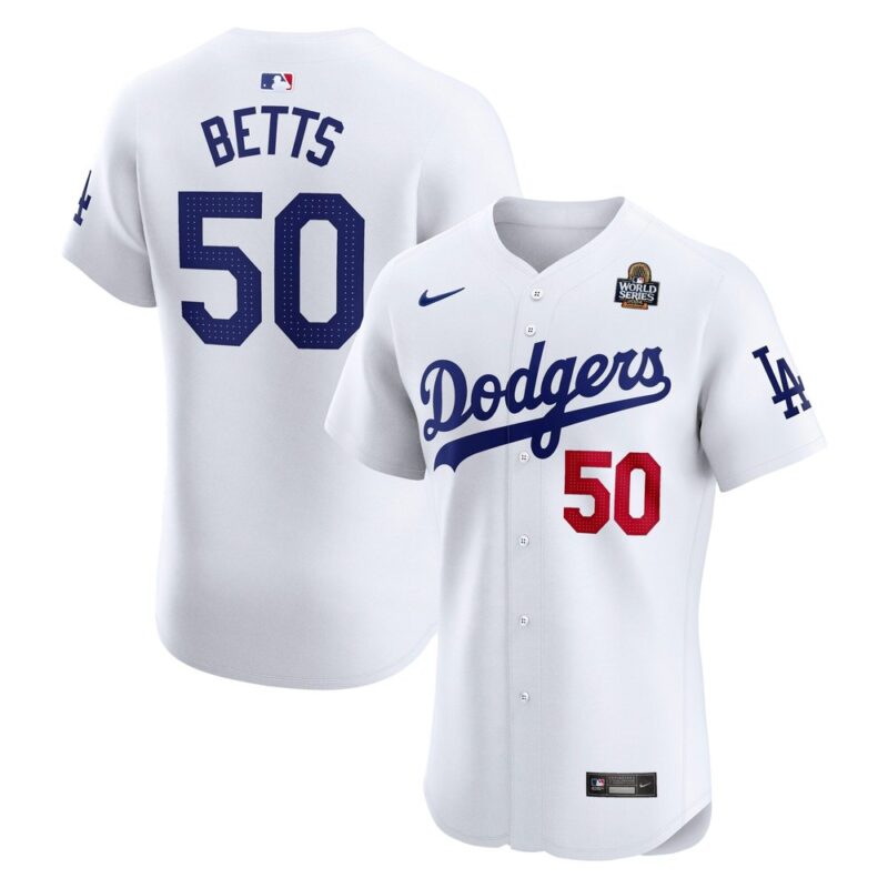 6863e3ec899b4_1 Men's Los Angeles Dodgers #50 Mookie Betts White 2024 World Series Home Elite Player Jersey
