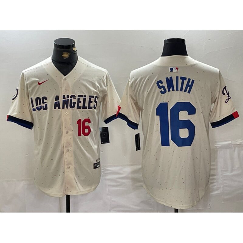 6863e5485423c_1 Men's Los Angeles Dodgers #16 Will Smith Cream Stitched Baseball Jersey