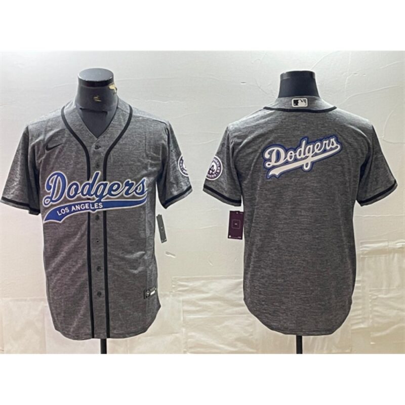 6863e6872bc8c_1 Men's Los Angeles Dodgers Grey Team Big Logo Cool Base With Patch Stitched Baseball Jersey