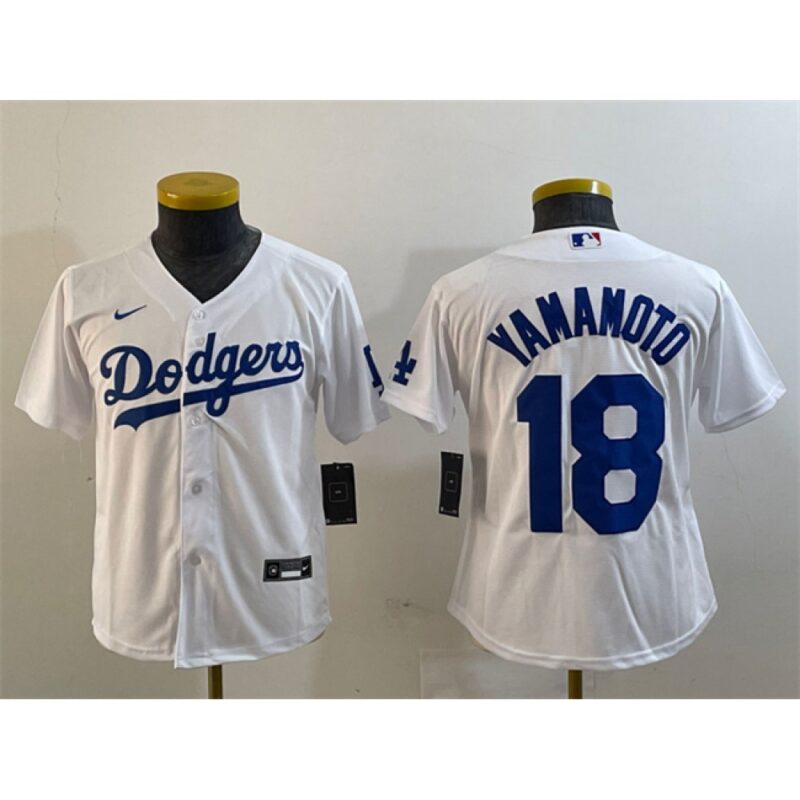 6863e73082ae7_1 Youth Los Angeles Dodgers #18 Yoshinobu Yamamoto White Stitched Baseball Jersey