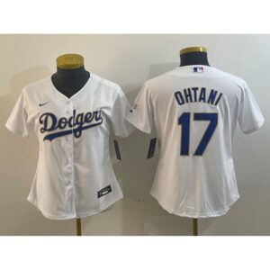 6863e747e6253_1 Women's Los Angeles Dodgers #17 Shohei Ohtani White/Gold Stitched Jersey(Run Small)