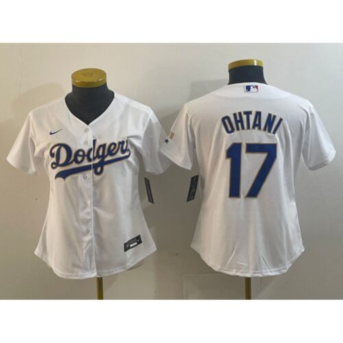 6863e747e6253_1 Women's Los Angeles Dodgers #17 Shohei Ohtani White/Gold Stitched Jersey(Run Small)