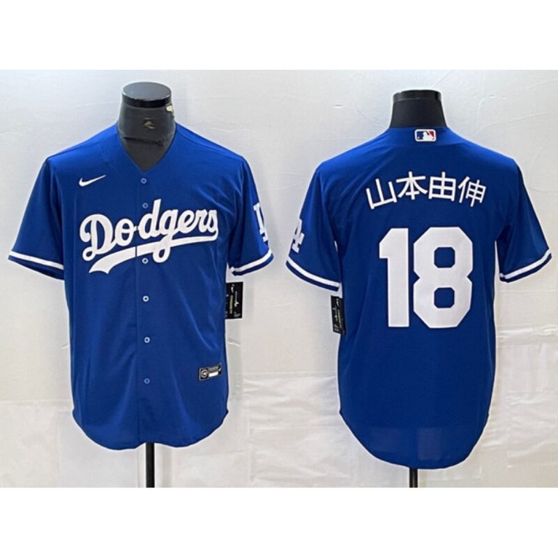 6863e78fc2b6e_1 Men's Los Angeles Dodgers #18 Yoshinobu Yamamoto Blue Cool Base With Patch Stitched Baseball Jersey