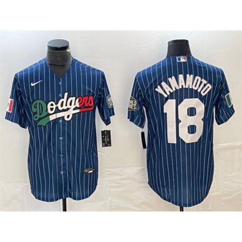 6863e79b3d2e8_1 Men's Los Angeles Dodgers #18 Yoshinobu Yamamoto Navy Cool Base With Patch Stitched Baseball Jersey