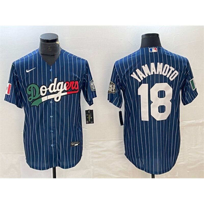 6863e79b3d2e8_1 Men's Los Angeles Dodgers #18 Yoshinobu Yamamoto Navy Cool Base With Patch Stitched Baseball Jersey