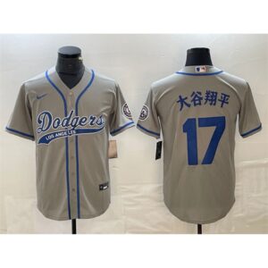 6863e7ae7f42a_1 Men's Los Angeles Dodgers #17 Shohei Ohtani Grey Cool Base With Patch Stitched Baseball Jersey