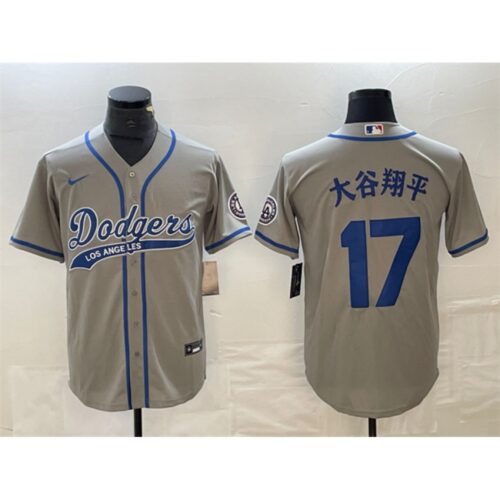 6863e7ae7f42a_1 Men's Los Angeles Dodgers #17 Shohei Ohtani Grey Cool Base With Patch Stitched Baseball Jersey