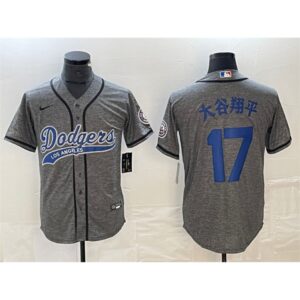 6863e7b978df6_1 Men's Los Angeles Dodgers #17 Shohei Ohtani Grey Cool Base With Patch Stitched Baseball Jersey