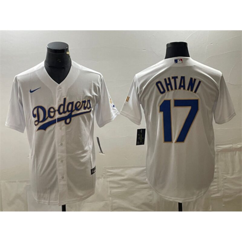 6863e7d4c1762_1 Men's Los Angeles Dodgers #17 Shohei Ohtani White/Gold Cool Base With Patch Stitched Baseball Jersey