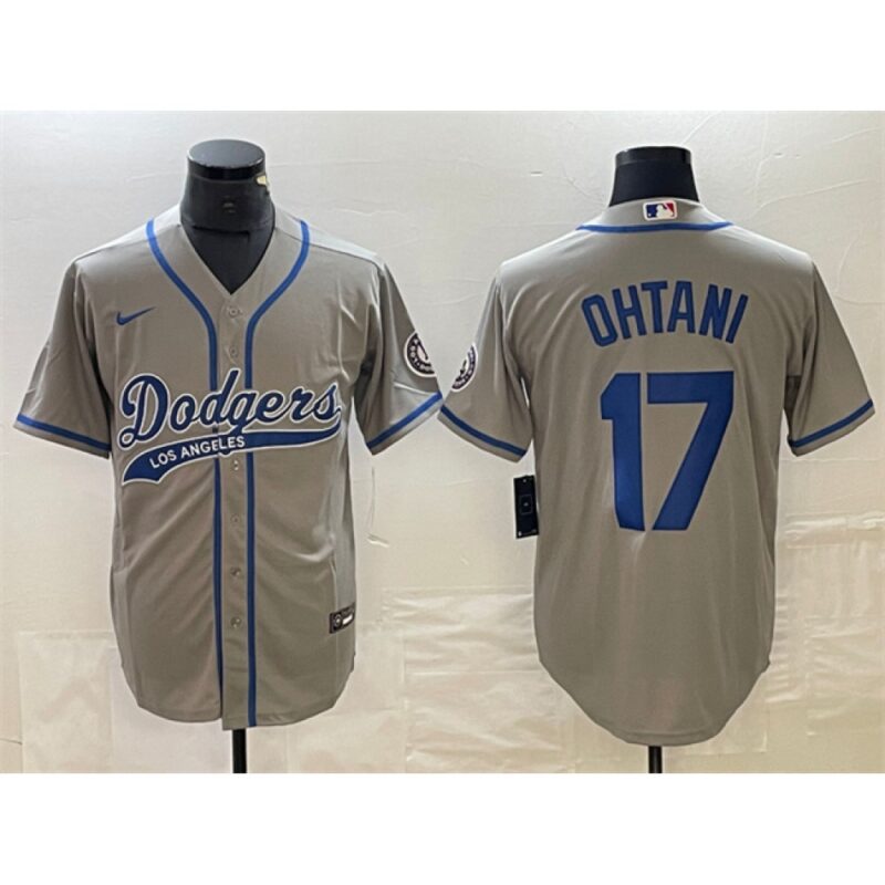 6863e8018b93d_1 Men's Los Angeles Dodgers #17 Shohei Ohtani Grey Cool Base With Patch Stitched Baseball Jersey