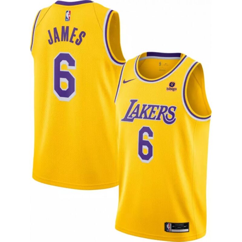 686411cac0280_1 Men's Los Angeles Lakers #6 LeBron James "bibigo" Yellow Stitched Basketball Jersey