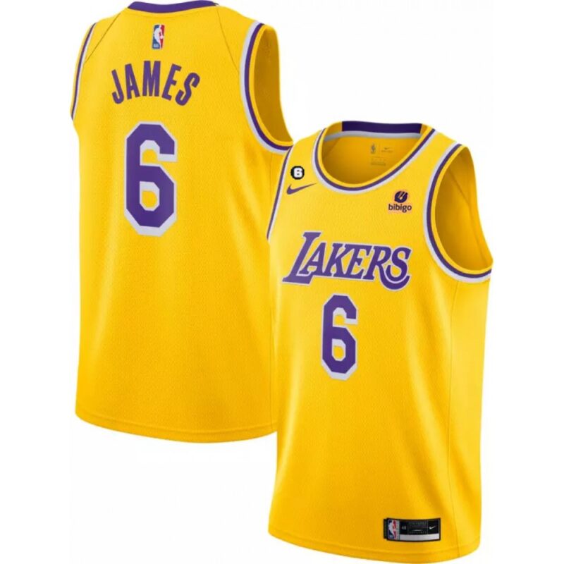 686411de36987_1 Men's Los Angeles Lakers #6 LeBron James Yellow No.6 Patch Stitched Basketball Jersey