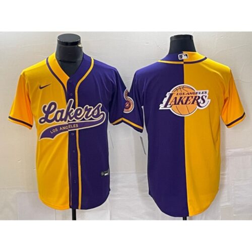 6864166c0a09d_1 Men's Los Angeles Lakers Gold/Purple Split Team Big Logo Cool Base Stitched Baseball Jersey