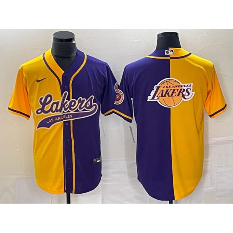 6864166c0a09d_1 Men's Los Angeles Lakers Gold/Purple Split Team Big Logo Cool Base Stitched Baseball Jersey
