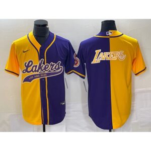 6864166ebbdb1_1 Men's Los Angeles Lakers Gold/Purple Split Team Big Logo Cool Base Stitched Baseball Jersey