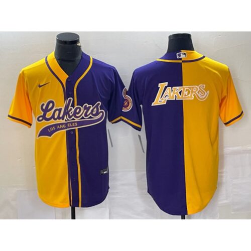 6864166ebbdb1_1 Men's Los Angeles Lakers Gold/Purple Split Team Big Logo Cool Base Stitched Baseball Jersey