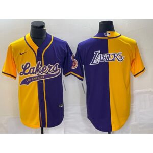 68641671ca5a8_1 Men's Los Angeles Lakers Gold/Purple Split Team Big Logo Cool Base Stitched Baseball Jersey