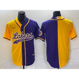 6864167470f54_1 Men's Los Angeles Lakers Blank Gold/Purple Split Cool Base Stitched Baseball Jersey