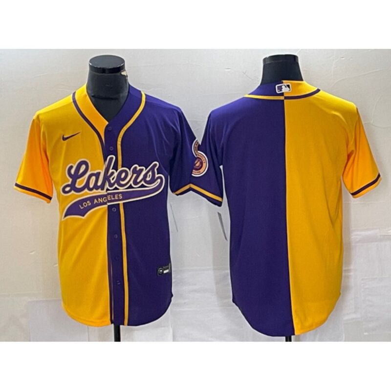 6864167470f54_1 Men's Los Angeles Lakers Blank Gold/Purple Split Cool Base Stitched Baseball Jersey