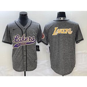 6864167712340_1 Men's Los Angeles Lakers Gray Team Big Logo Cool Base With Patch Stitched Baseball Jersey