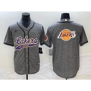 68641679b2c76_1 Men's Los Angeles Lakers Gray Team Big Logo Cool Base With Patch Stitched Baseball Jersey