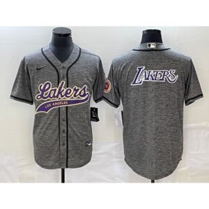 6864167c6bce4_1 Men's Los Angeles Lakers Gray Team Big Logo Cool Base With Patch Stitched Baseball Jersey