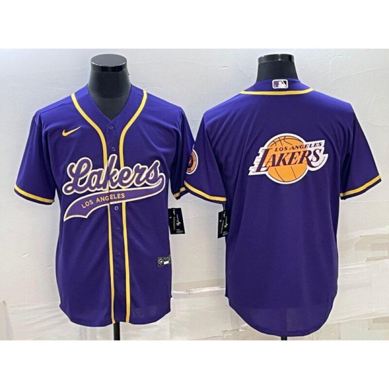 6864169775d79_1 Men's Los Angeles Lakers Purple Team Big Logo Cool Base Stitched Baseball Jersey