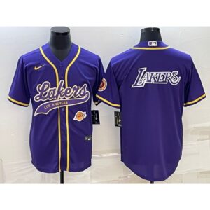 6864169f4ddfe_1 Men's Los Angeles Lakers Purple Big Logo With Patch Cool Base Stitched Baseball Jersey