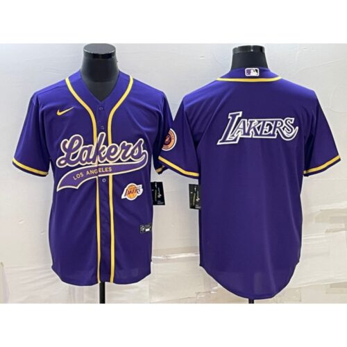 6864169f4ddfe_1 Men's Los Angeles Lakers Purple Big Logo With Patch Cool Base Stitched Baseball Jersey