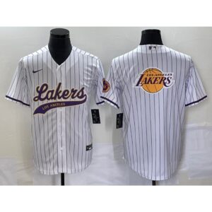 686416aeda1b7_1 Men's Los Angeles Lakers White Team Big Logo Cool Base With Patch Stitched Baseball Jersey
