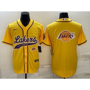 686416be54191_1 Men's Los Angeles Lakers Yellow Team Big Logo With Patch Cool Base Stitched Baseball Jersey