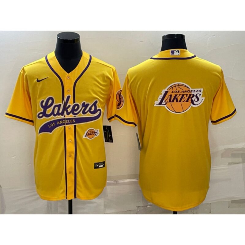 686416be54191_1 Men's Los Angeles Lakers Yellow Team Big Logo With Patch Cool Base Stitched Baseball Jersey