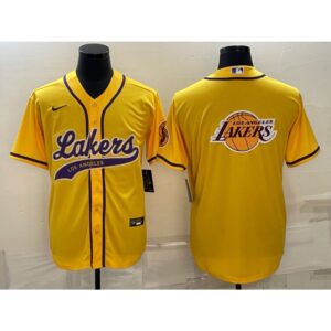 686416c10abad_1 Men's Los Angeles Lakers Yellow Team Big Logo Cool Base Stitched Baseball Jersey