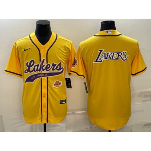 686416c3bcecd_1 Men's Los Angeles Lakers Yellow Big Logo With Patch Cool Base Stitched Baseball Jersey