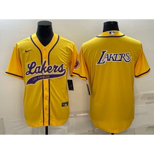 686416c669145_1 Men's Los Angeles Lakers Yellow Big Logo Cool Base Stitched Baseball Jersey