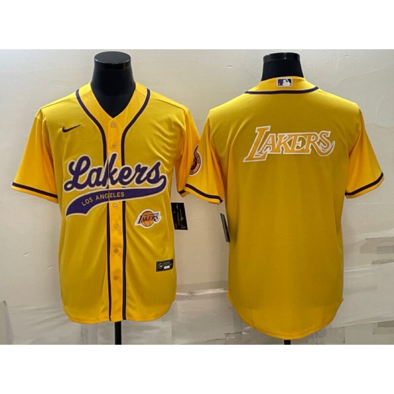 686416c8ed922_1 Men's Los Angeles Lakers Yellow Big Logo With Patch Cool Base Stitched Baseball Jersey