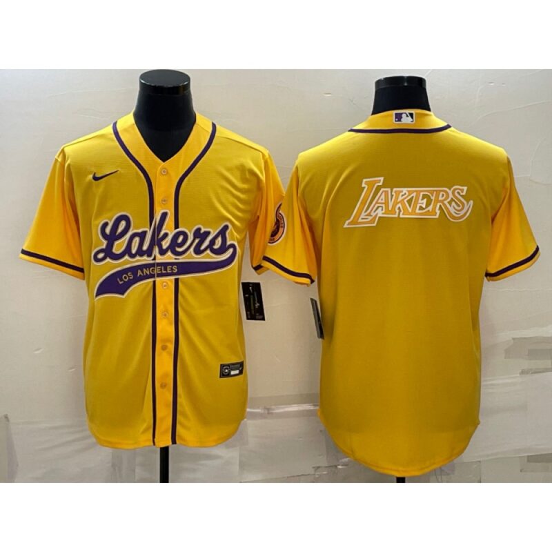 686416cba13a0_1 Men's Los Angeles Lakers Yellow Big Logo Cool Base Stitched Baseball Jersey