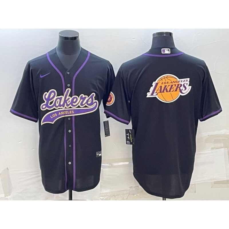 686417a26646c_1 Men's Los Angeles Lakers Black Team Big Logo Cool Base Stitched Baseball Jersey