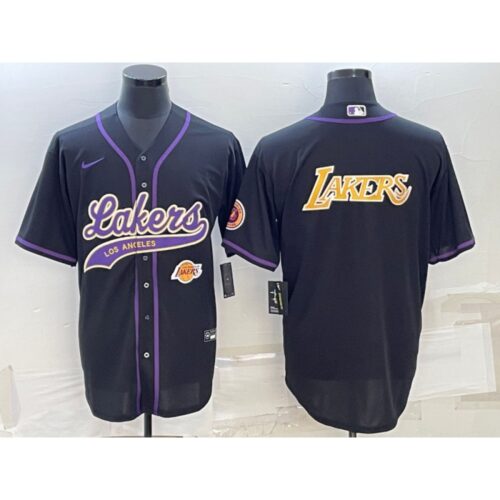 686417a517e7c_1 Men's Los Angeles Lakers Black Big Logo With Patch Cool Base Stitched Baseball Jersey