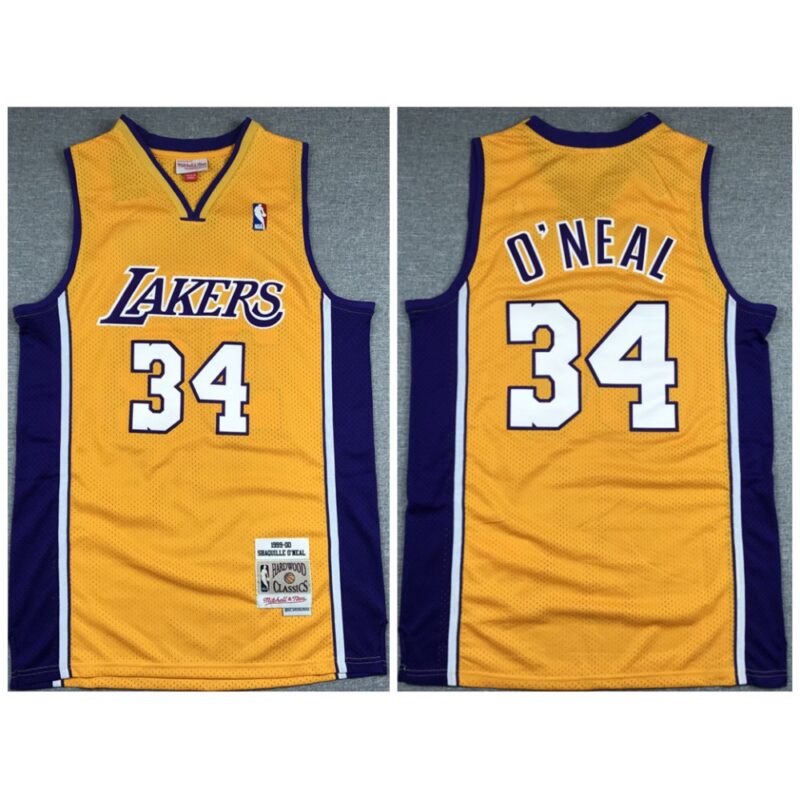 686431040781b_1 Men's Los Angeles Lakers #34 Shaquille O'Neal Gold 1999-00 Throwback Stitched Jersey