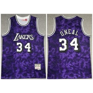 6864310e54a57_1 Men's Los Angeles Lakers #34 Shaquille O'Neal Purple Stitched Throwback Jersey