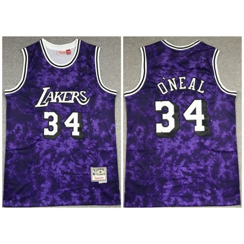 6864310e54a57_1 Men's Los Angeles Lakers #34 Shaquille O'Neal Purple Stitched Throwback Jersey